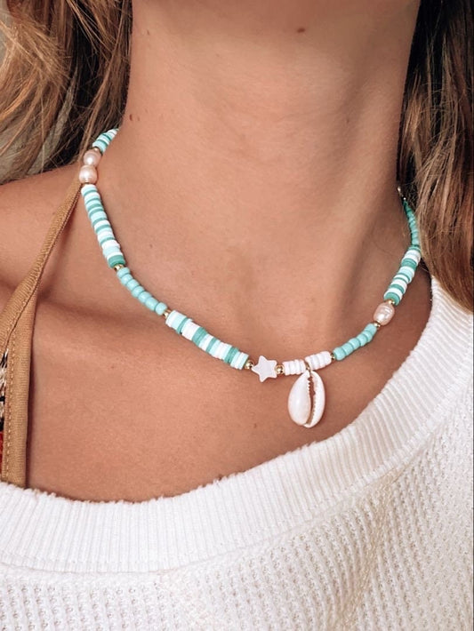 Blue Lagoon Necklace | Puka Shell Necklace | Natural Pearl Necklace | Surfer Style Necklace | Beach Girl Aesthetic Jewelry | Summer Fashion My Store